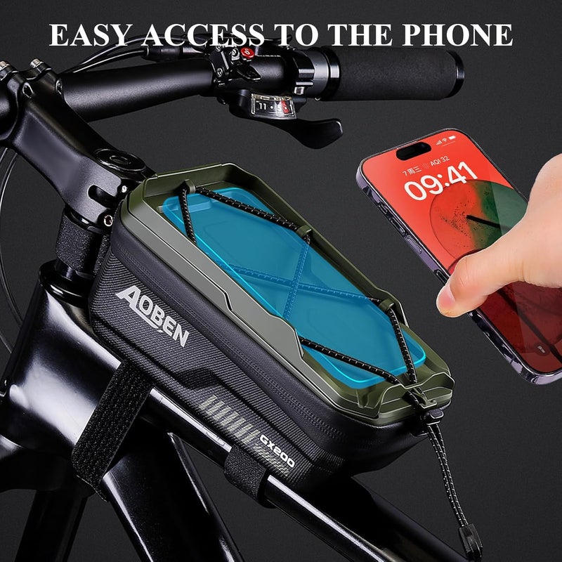 AOBEN Bike Bicycle Phone Front Frame Bag for Mountain Bike Road Bike, EVA Hard Casing Bike Phone Holder Bike Phone Mount for MTB, Bike Bicycle Accessories for Cell Phone Under 6.8 Inches (Army Green) - Image 2